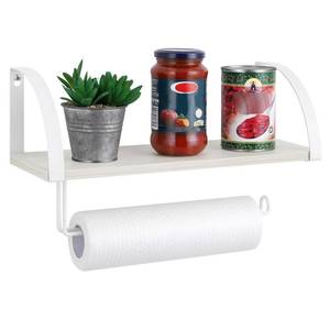 lot 4111 image: BTY Paper Towel Holder with Shelf Farmhouse Paper Towel Holder Wall Mount Spice Rack Wood Storage Shelf with Paper Towel Roll Holder for Kitchen Pantry Bathroom White