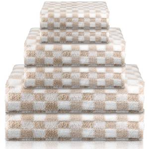 lot 4114 image: Kinlop 6 Pcs Checkered Bath Towels Set Lightweight Coral Washcloth Quick Dry Patterned Thin Coral Fleece Hand Towel for Bathroom Back to School Gym Spa Beach Accessory(Beige,Checkered)