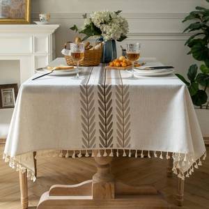lot 4133 image: Oubonun Tablecloths for Rectangle Tables, Cotton Linen Waterproof Farmhouse Table Cloth with Boho Tassels � Wrinkle Free, Wipeable and Washable for Kitchen and Dining, 55ftftx86ftft, 6-8 Seats
