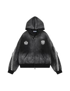 lot 4150 image: Aelfric Eden Stripe Washed Zip Up Hoodie Graphic Number Print Hooded Sweatshirts Vintage Cotton Jackets Unisex Black Medium