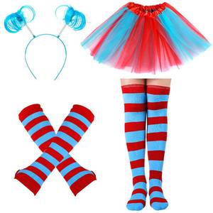 lot 4158 image: Hicarer 4 Costume Set for Women Include Red Blue Tulle Tutu Skirt Striped Socks Stretchy Gloves Ponytails Headband(Lake Blue and Red, Large)