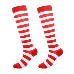 lot 4221 image: Junely Compression Socks for Women Striped Knee High Stockings for Christmas Halloween Running Athletic Nurses Pregnant Women Work Support Travel Flight Sports Gifts Red White