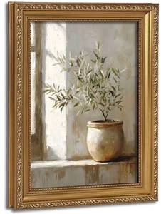 lot 4242 image: Vintage Gold Framed Wall Art Rustic Olive Branch Still Life Canvas Prints Farmhouse Neutral Potted Plant Paintings Prints for Living Room Bedroom Kitchen 9x11 inch
