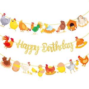 lot 4264 image: Chicken Birthday Banners 3PCS Party Decorations Glitter Gold Chicken Farm Birthday Party Supplies for Chick Backyard Theme Baby Shower Decorations