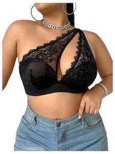 lot 4300 image: SOLY HUX Womenfts Plus Size One Shoulder Lace Bras Underwire Push Up Comfort Bralette Pure Black XX-Large Plus