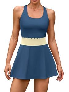 lot 4308 image: ATTRACO Athletic Tennis Dress for Women Scalloped Waist Tennis Skirts Workout Golf Dress with Shorts Navy L