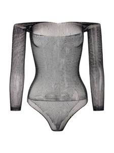 lot 10417 image: OYOANGLE Womenfts Sheer Mesh Bodysuit Sexy Sparkly Glitter Rhinestone Fishnet Teddy Lingerie Rave Sheer Outfit Black One-Size