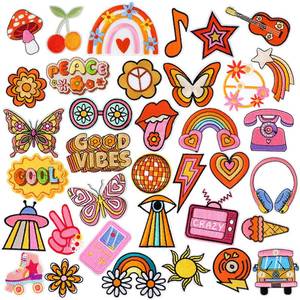 lot 10424 image: AUGSUN 36pcs Hippie Embroidered Patches Random Assorted Styles Hippie Theme Iron on Patches for Girls, Wonmen DIY Sew Applique Repair Patch Cute Sew on Patches for Backpacks Pants Clothes Jeans