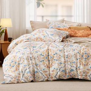 lot 10442 image: Bedsure Duvet Cover King Size - Reversible Floral Duvet Cover Set with Zipper Closure, 3 Pieces Bohemian Orange Bedding Set with 8 Corner Ties and 2 Pillow Shams 20x36inin