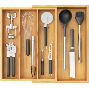 lot 13161 image: Lifewit Utensil Organizer for Kitchen Drawer, Expandable Cooking Utensil Tray, Cutlery Silverware Flatware Holder, Wood Adjustable Spatula Tools Storage Divider, 30-55 x 40cm, Natural