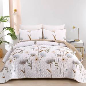 lot 13165 image: Dinjoy King Size Quilt Set Floral,3 Pieces KhakiBeige Farmhouse Quilts Lightweight Fall Bedspreads Flower Pattern Coverlet Bed Set White Boho King Quilt Bedding Sets for All Season(110x90in)in