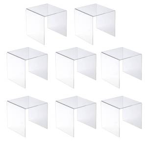 lot 13166 image: Jusalpha 8 PC 6ftft Clear Acrylic Risers, Acrylic Display Risers Shelf Showcase Fixtures for Jewelry, Display Stand for Amiibo Funko POP Figures, Cupcakes, Food Display, Cabinet- Lot of 8 (6x6x6 Inches)