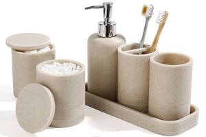 lot 13180 image: Bathroom Accessories Set, 6-Piece Bathroom Accessory Set, Toothbrush Holders Set, Soap Dispenser, Vanity Tray, Tumbler, Cotton Swab Jars, Bathroom Organizer for Modern Bathrooms(Beige)