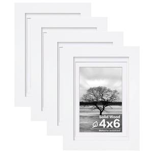 lot 14113 image: Egofine 4x6 Picture Frames Set of 4, Made of Solid Wood Covered by Plexiglass 3.5x5 with Mat or 4x6 without Mat, for Table Top Display and Wall Mounting Photo Frame White