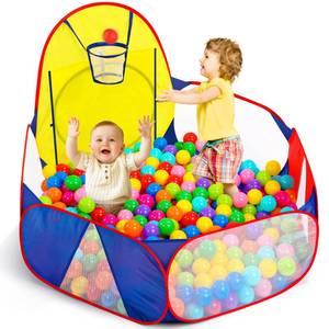 lot 14114 image: Eocolz Kids Ball Pit Large Pop Up Childrens Ball Pits Tent for Toddlers Playhouse Baby Crawl Playpen with Basketball Hoop and Zipper Storage Bag, 4 Ft120CM, Balls Not Included (Blue Yellow Red)