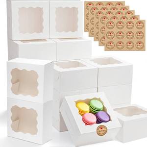 lot 14122 image: 50pcs Cookie Boxes with Window, 6x6x3 Inches White Bakery Boxes, 60 Pcs Stickers,for Small Cookies, Treats, Candy, Desserts, Chocolate Covered Strawberries,Mini Cake Boxes