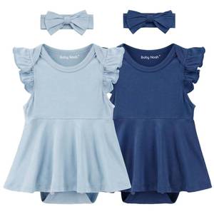 lot 14137 image: 2 Pack Baby Girl Bodysuit Flutter Sleeves Dress, Cute Ruffle Romper Outfit with Headband, Newborn Infant Pajamas and Shower Gifts 0-12 Months (Dark BlueLight Blue, 6-9 Months)