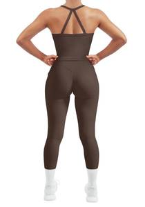 lot 14212 image: SUUKSESS Women 2 Piece Workout Sets Tummy Control Compression Yoga Pants with Pockets Halter Built in Bra Tank Tops Sports Bra Scrunch Butt Lting Leggings (Brown, S)