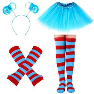 lot 14233 image: Hicarer 4 Costume Set for Women Include Red Blue Tulle Tutu Skirt Striped Socks Stretchy Gloves Ponytails Headband(Lake Blue, Small)