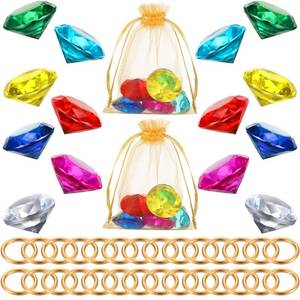 lot 14266 image: Chalyna 60 Pcs Acrylic Diamond Gem Jewelry Alloy Round Ring Set Halloween Party Favor Pirate Treasure Hunting Cake Decor with Gift Bag for Birthday (Fresh Style)