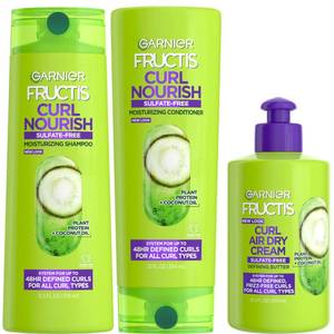 lot 14298 image: Garnier Fructis Curl Nourish Sulfate Free Moisturizing Shampoo, Conditioner  Air Dry Cream Defining Butter Set (3 Items), 1 Kit (Packaging May Vary)