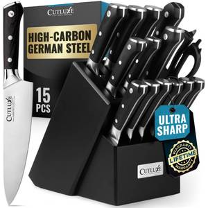 lot 15323 image: Cutluxe 15-Piece Knife Set � Premium Black Wood Block � Knife Set for Kitchen, Ultra Sharp High Carbon German Stainless Steel, Full Tang � Artisan Series