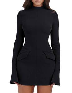 lot 16473 image: YMDUCH Womenfts Long Sleeve Mock Turtle Neck Bodycon Mini Tank Short Party Dress Black XL
