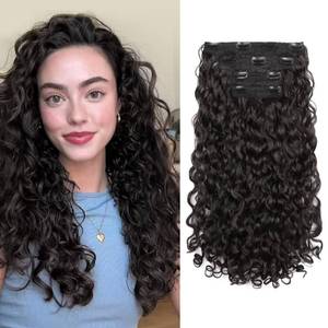 lot 16479 image: REECHO Curly Hair Extensions - 4PCS 18 GoGo Curly Clip in Hair Extensions 100percent Super Protein Hairpieces with Invisible Lace Weft Silky Soft Natural Look for Women - Black Brownin