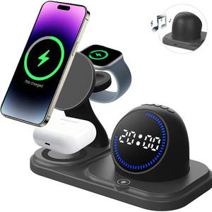 lot 16492 image: Wireless Charging Station with Clock,6-in-1 Charging Stand for Multiple Devices for iPhone 17 16 15 14 13 12 Pro Max, Apple Watch, Airpods, Bluetooth Speaker  RGB Light