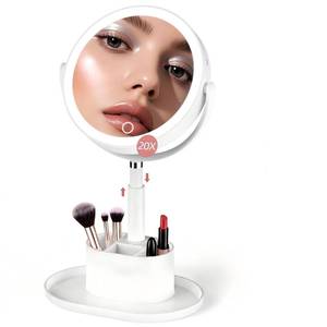 lot 17339 image: Travel Makeup Mirror with Lights, 1X20X Lighted Makeup Vanity Mirror with Storage , 2-Sided Height Adjustable Magnifying Detachable Desk Mirror with 3 Color Lights, 360° Rotation and Rechargeable