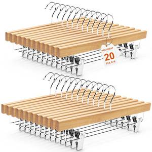 lot 17359 image: HOUSE DAY Wooden Pants Hangers with Clips, Solid Lotus Deluxe Wood Skirt Hangers, Heavy Duty and Anti-Rust Hook for Wrinkle-Free Slacks, Skirts, Jeans, Space Saving for Closet 20 Pack (Natural)