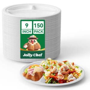 lot 17360 image: JOLLY CHEF Compostable  Compartment Paper Plates 9 in 150 pack Heavy Duty Divided Disposable Eco-Friendly Bagasse Biodegradable White Round Trays for Party Dinner Lunch Christmas