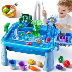 lot 17363 image: JUKUDAHU Water Table Play Sink Toy for Kids 2 3 4 5 6 Years Old - Outdoor Kitchen with Running Water, Fishing Games, Toddler Water Play Table for Kids Ages 3-8, Beach Outdoor Toys, Summer Gifts