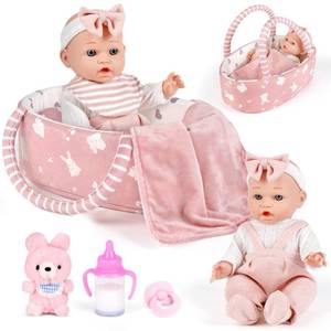 lot 17523 image: Dreamon 12ftft Baby Doll Playset with Carrier Bassinet Bed, 11PCS Baby Doll Accessories Includes Pacifier, Blanket, Pillow, Diaper, Pretend Play Set Baby Doll Care Toys Gifts for Kids Girls