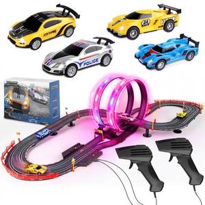 lot 17528 image: Slot Car Race Track Set, 19ft Electric Track with LED Lights and 4 Slot Cars, 2 Hand Controllers and Racing Game Lap Counters, Set Features Loop, Turns, and Crossover for Boys Age 6-12