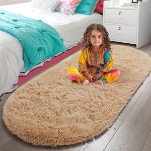 lot 18189 image: LOCHAS Bedroom Rug 2.6ft x 5.3ft, Beige Fluffy Shaggy Area Rug for Bedroom Bedside, Soft Oval Throw Rugs Carpet for Kids Girls Nursery Living Room Home Decor