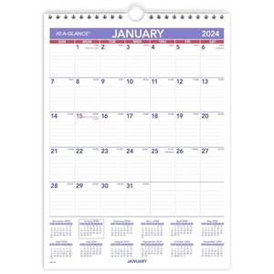 lot 18217 image: AT-A-GLANCE 2024 Wall Calendar, 8 x 11in, Small, Ruled Blocks, Spiral Bound, Monthly (PM12824)in