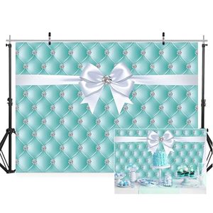 lot 18218 image: Riyidecor Blue Breakfast Decorations Backdrop Diamonds Bowknot Teal Sweet Birthday Party Banner Background 8x6 Feet Turquoise Girls Women Dessert Table Photography Wedding Props Video Studio Props