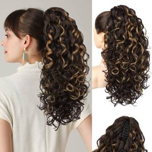 lot 18220 image: Flufymooz 100 Pure Protein Ponytail Extension, 18 Inch Curly Claw Clip Ponytail Hair Extensions Natural Soft pony tail hairpiece for women-Brown with Deep Blonde Highlight