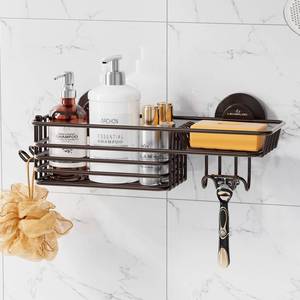 lot 18226 image: LEVERLOC Shower Caddy Suction Cup, Heavy Duty Bathroom Organizer for Inside Shower with Hooks and Soap Holder NO-Drilling Bathroom Holder-Brown