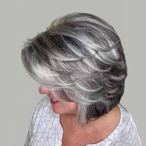 lot 18241 image: Jolelyne Short Dark Gray Bob Wigs Wavy Layered Bob Wig with Curtain Bangs for Women Synthetic Highlight Sliver Ombre Grey Bob Wig Pixie Cut Wig Gray Hair Wigs for Women Black Mixed Gray Wavy Wig