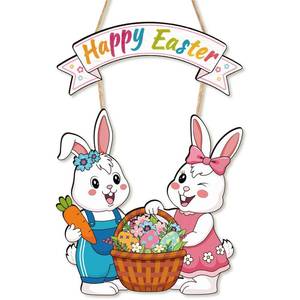 lot 18264 image: Easter Wreath Decorations for Front Door, Wooden Happy Easter Bunny Door Hanger Welcome Sign with Hemp Rope for Spring Home Farmhouse Party Porch Window Wall Decor Indoor Outdoor