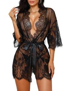 lot 18266 image: Rigeri Lace Nightgowns For Women Sexy Black Robe Open Front Lace Robe Plus Size Kimonos For Womens Lingerie Sexy Summer Nightwear Black XXL