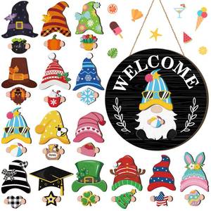 lot 18276 image: Qunclay Interchangeable Wooden Gnome Decor Holiday Seasonal Gnome Decorations with Magnet Pieces and Detachable Hats Changeable Welcome Sign for Home(Black Style)