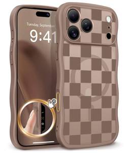 lot 18301 image: GVIEWIN for iPhone 17 Pro Case Compatible with MagSafe Curly Wave EdgeFull Camera Protection Floral Translucent Shockproof Magnetic Women Phone Case for iPhone 17 Pro 6.3ftft, GridsBrown