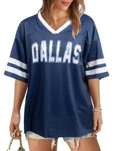 lot 18328 image: Women Jersey Shirts Football V Neck Shirt Game Day Season Tops Short Sleeve Tee Blue