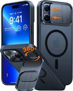 lot 18333 image: TORRAS for iPhone 16 Pro Max Case with Slide Camera Cover and Rotatable Kickstand, Magnetic Shockproof, Military Grade Drop Protection, Fit for MagSafe, Anti-Scratch Anti-Fingerprint, Translucent Black