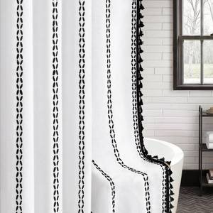 lot 18351 image: NDDYCU Black and White Boho Shower Curtain for Bathroom, Linen Fabric with Embroidered Woven Details and Tassels, 72 x 72inin