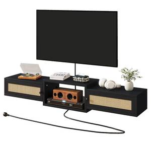 lot 19277 image: IBUYKE Modern Rattan Floating TV Stand with Doors,Wall Mounted TV Shelf for TVs up to 55 Inches,Media Console Entertainment Center for Under TV Storage Cabinet for Living Room Bedroom,Black UWST012B