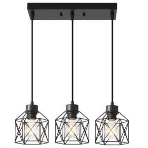 lot 19298 image: ROCUNSI 3-Light Hanging Pendant Light Fixtures, Farmhouse Kitchen Island Light Fixture, Industrial Hanging Pendant Lighting for Dining Room Bedroom Hallway, Black Metal Cage Pendant Lamp, E26 Base